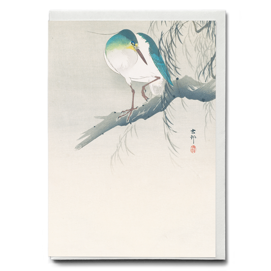Night-heron with raised leg perched on a willow branch By Ohara Koson	 - Greeting Card