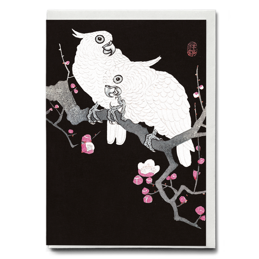 Two Cockatoos on a Branch with Plum Blossom By Ohara Koson - Greeting Card