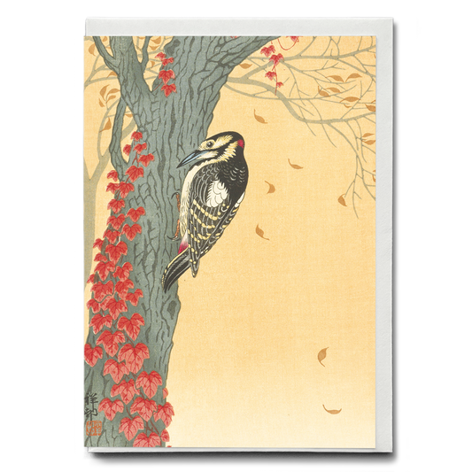 Great Spotted Woodpecker in Tree with Red Ivy By Ohara Koson - Greeting Card