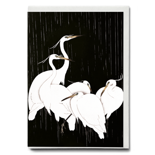 Egrets in the rain black version By Ohara Koson - Greeting Card