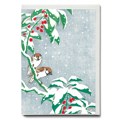 Sparrows on snowy berry bush By Ohara Koson - Greeting Card