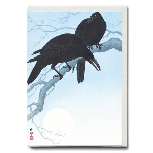 Two crows on a branch by Ohara Koson - Greeting Card