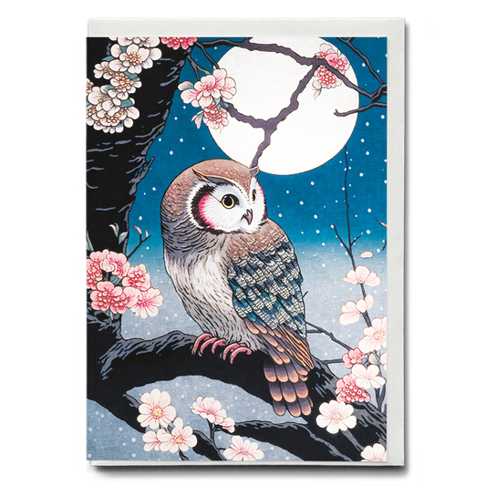 Owl on blossom with a full moon - Greeting Card