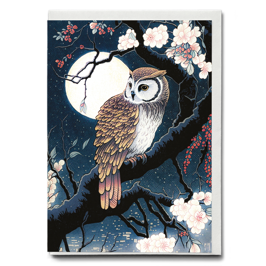 Glowing blossoms and owl in the night - Greeting Card
