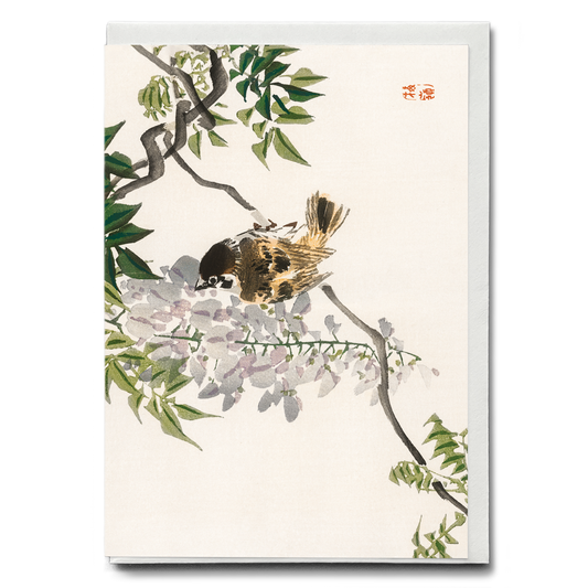 Sparrow on a branch by Kōno Bairei - Greeting Card