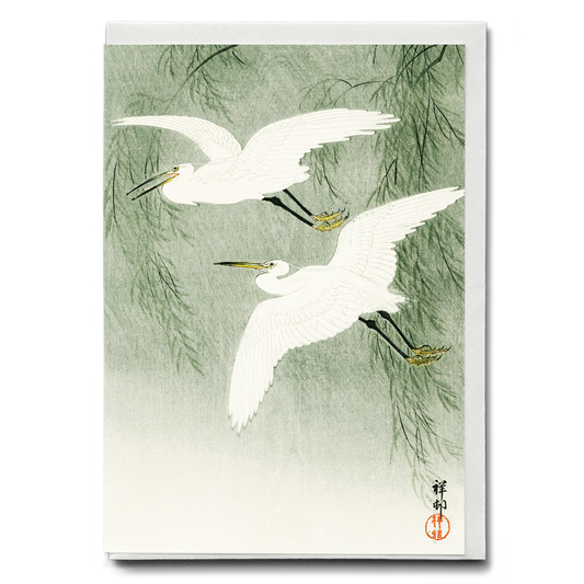Little Egrets in flight  by Ohara Koson  - Greeting Card