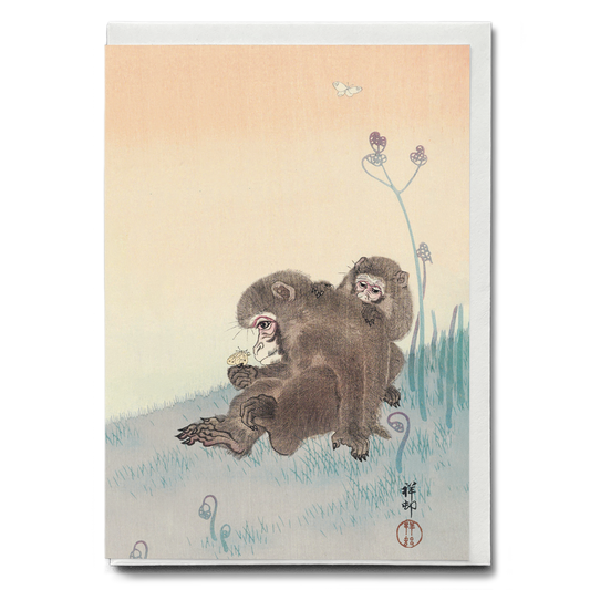 Two monkeys with a butterfly by Ohara Koson - Greeting Card