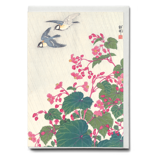 Two bird and begonia in rain by Ohara Shoson - Greeting Card