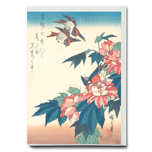 Swallows and Kingfisher with Rose Mallows by Utagawa Hiroshige - Greeting Card