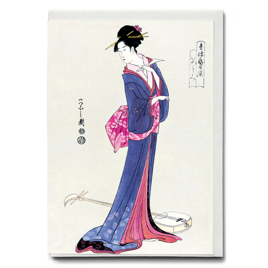 Japanese woman in kimono and a shamisen on the floor - Greeting Card