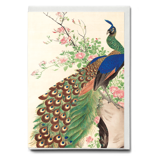Peacock and flowers by Nagasawa Roshu - Greeting Card