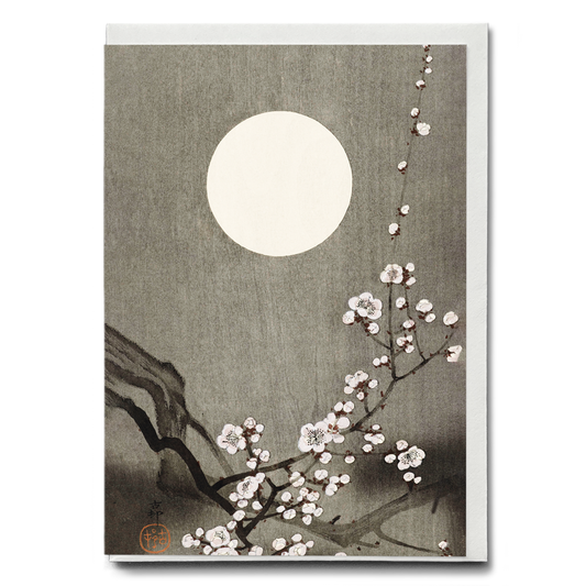 Blooming plum blossom at full moon by Ohara Koson - Greeting Card