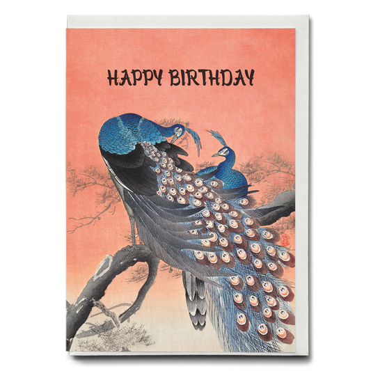 Two peacocks on tree branch (Happy Birthday) - Greeting Card