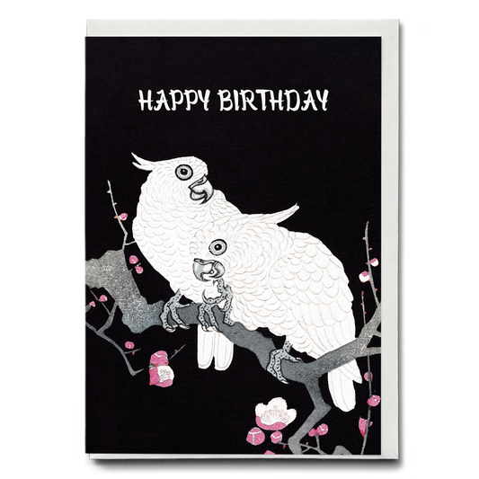 Two Cockatoos on a Branch with Plum Blossom (Happy Birthday) - Greeting Card