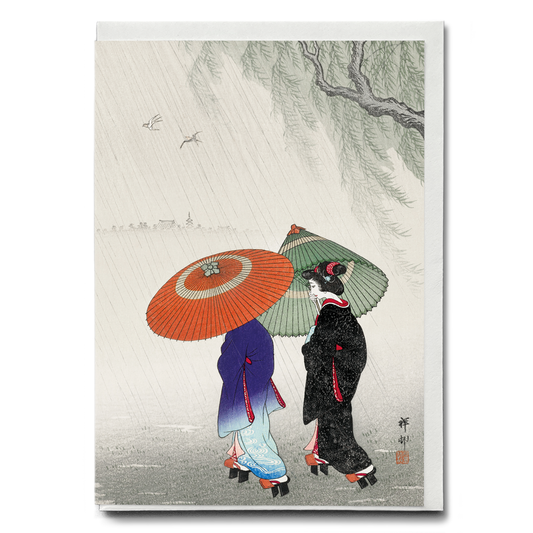 Two women in the rain by Ohara Koson - Greeting Card