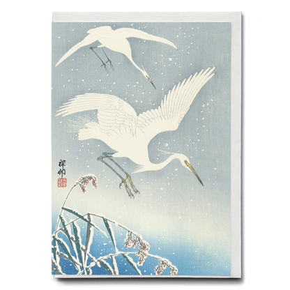 Descending egrets in snow - Greeting Card
