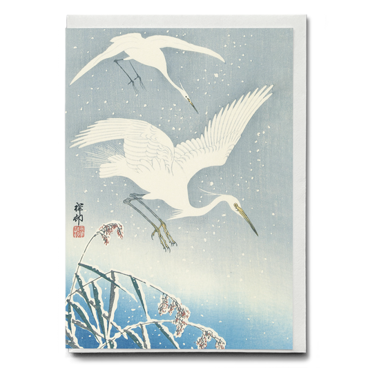 Descending egrets in snow - Greeting Card