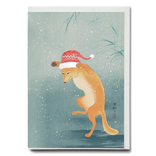 Dancing Fox with a Christmas Hat - Greeting Card