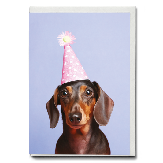 Dachshund with a pink party hat - Greeting Card