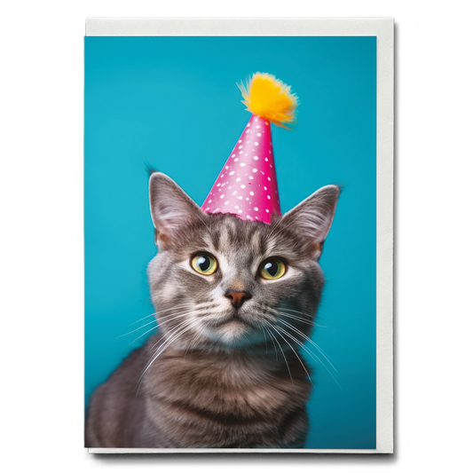 Cat with a pink party hat - Greeting Card