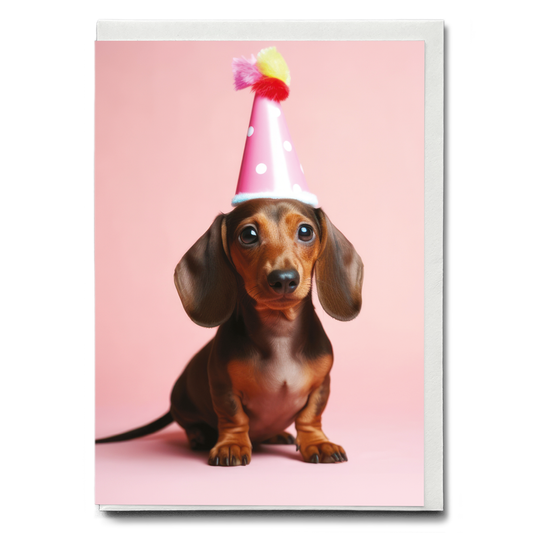 Dachshund puppy with a party hat - Greeting Card