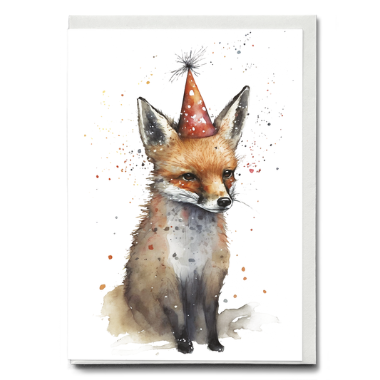fox wearing a party hat - Greeting Card