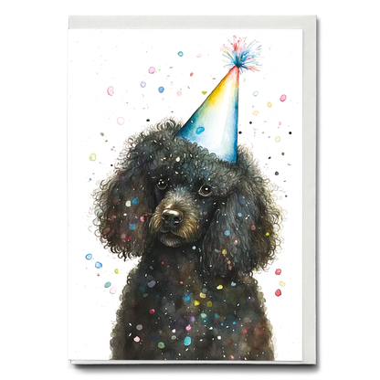 Black poodle wearing a party hat - Greeting Card