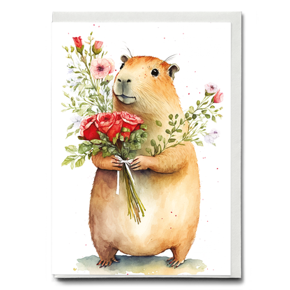 Capybara bringing flowers - Greeting Card