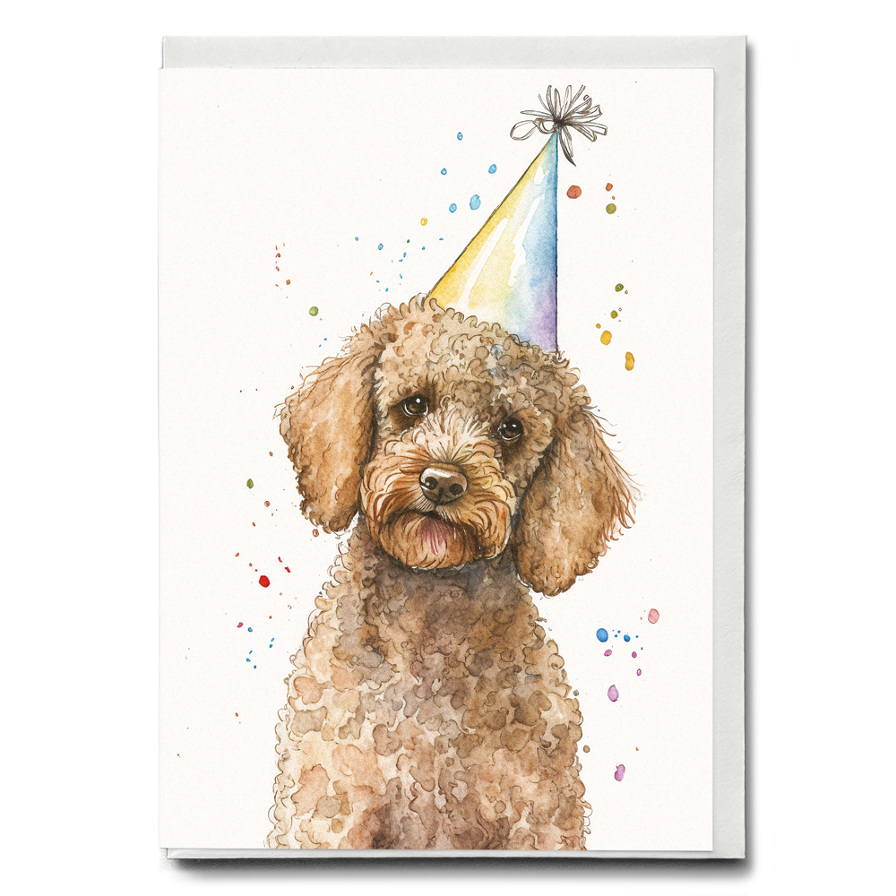 Brown poodle wearing a party hat - Greeting Card