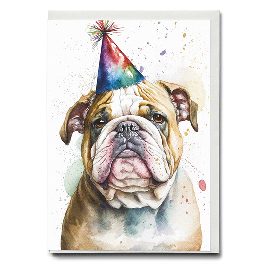 Engelse bulldog wearing a party hat - Greeting Card