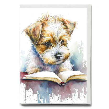 Puppy reading a book - Greeting Card