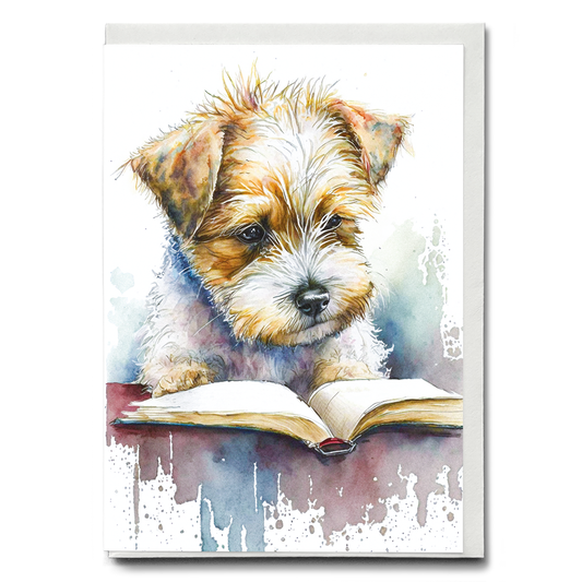 Puppy reading a book - Greeting Card