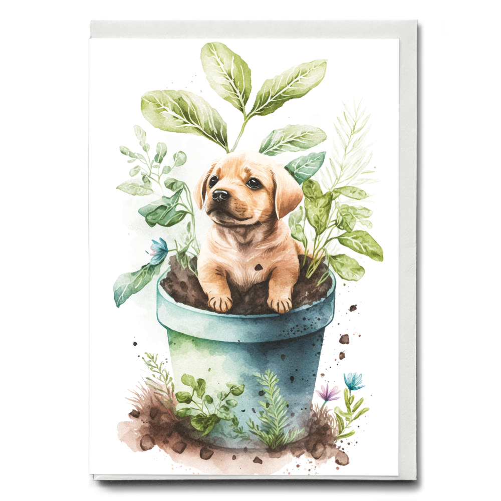 Puppy labrador playing in a plant - Greeting Card