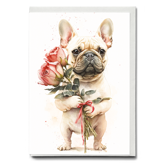 French bulldog bringing flowers - Greeting Card