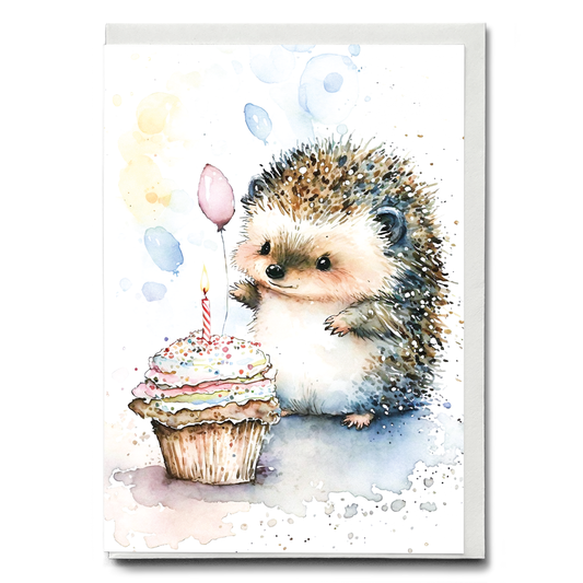 Hedgehog enjoying his cupcake - Greeting Card