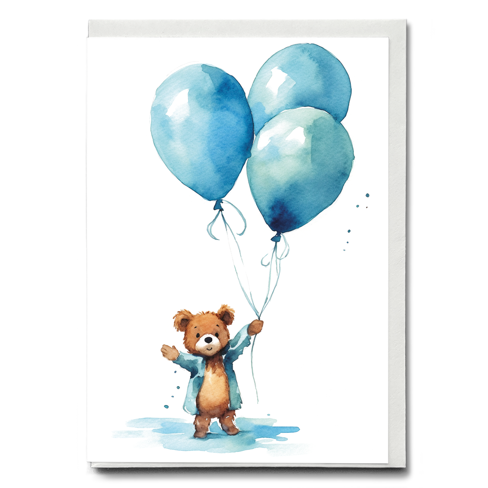 Bear holding blue balloons - Greeting Card