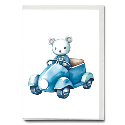 Little mouse driving a blue car - Greeting Card