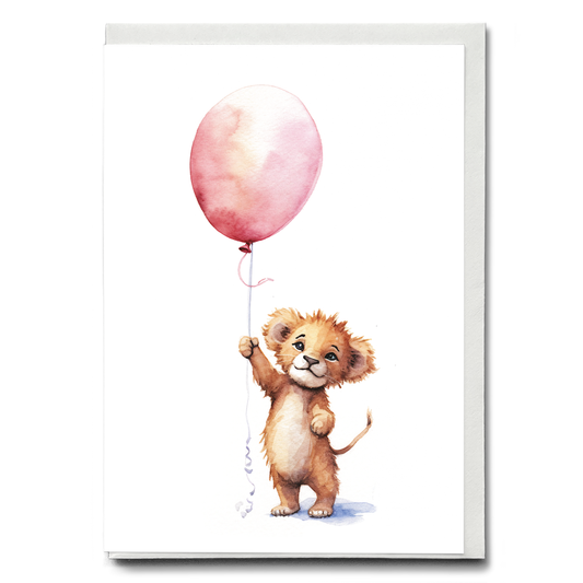 Lion cub hold holding a pink balloon - Greeting Card