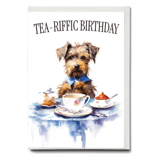 Tea-riffic birthday dog - Greeting Card