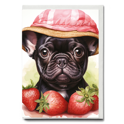 French Bulldog with strawberries - Greeting Card