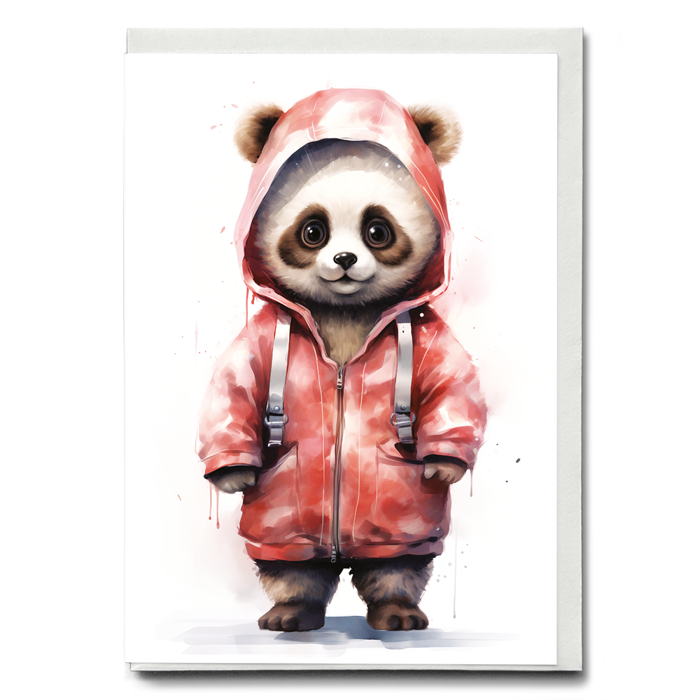 Panda wearing red raincoat - Greeting Card