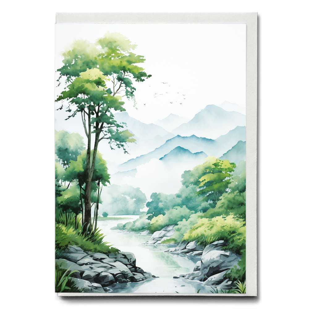 River, Trees, and Majestic Mountains - Greeting Card