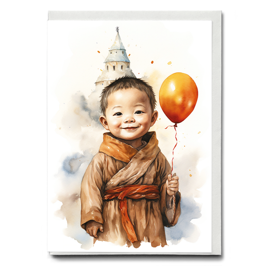 Cute little monk holding a balloon - Greeting Card