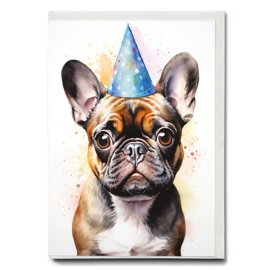 Cute french bulldog wearing a birthday hat - Greeting Card