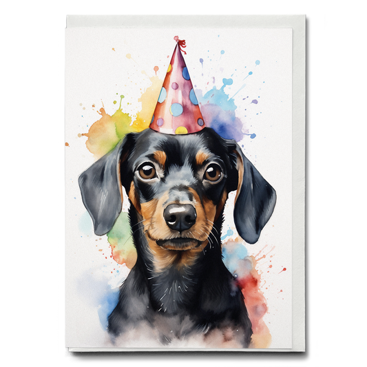 dachshund wearing a party hat (watercolour style) - Greeting Card