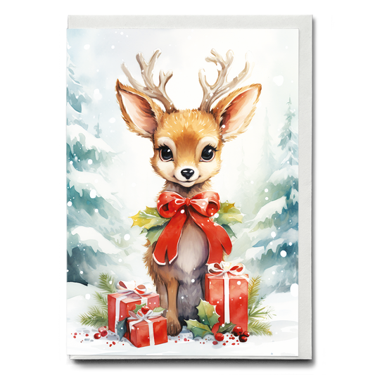 Little reindeer with christmas presents - Greeting Card