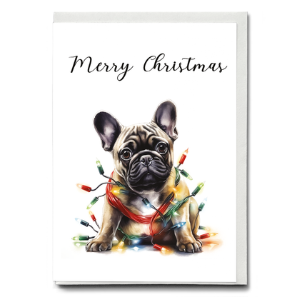 French bulldog tangled in Christmas light - Greeting Card
