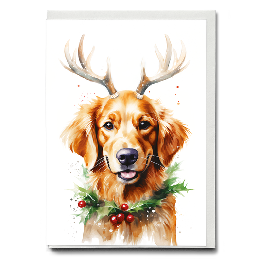Golden retriever wearing antlers - Greeting Card