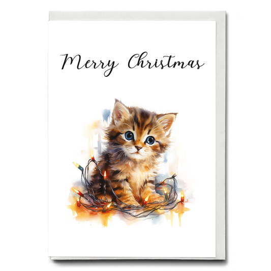Kitten tangled in Christmas light - Greeting Card