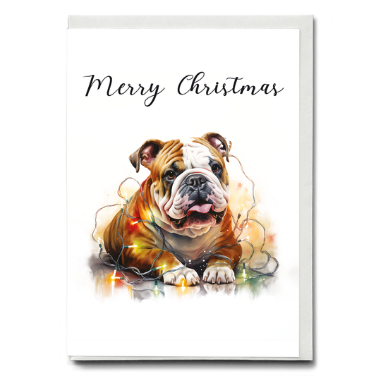 English bulldog tangled in Christmas light - Greeting Card